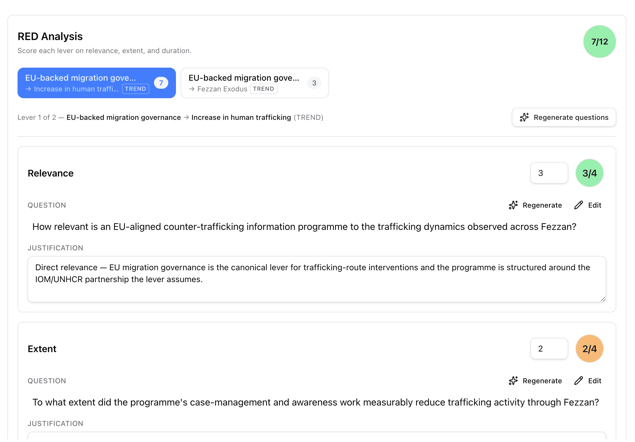 RED scoring — per-activity questions and project roll-up
